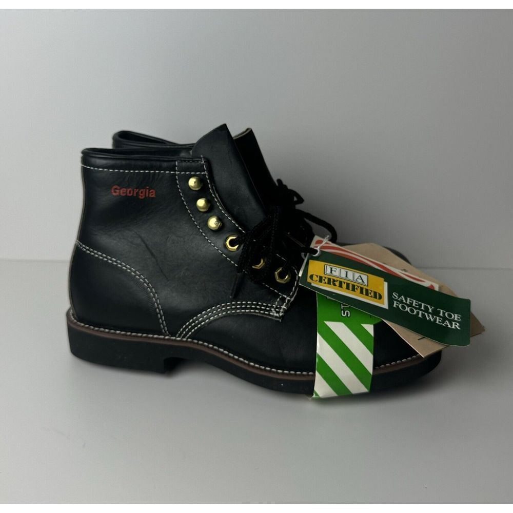 VTG Georgia Black Leather Ankle SAFETY‎ TOE Boots Size 6.5 R ANSI Z41 Oil Res